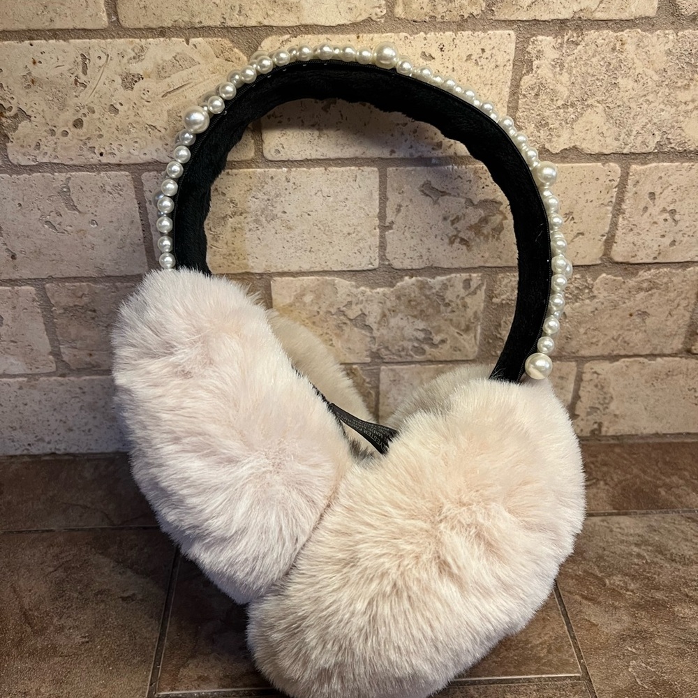 Elegant Cream Faux Fur Earmuffs with Pearl Detail